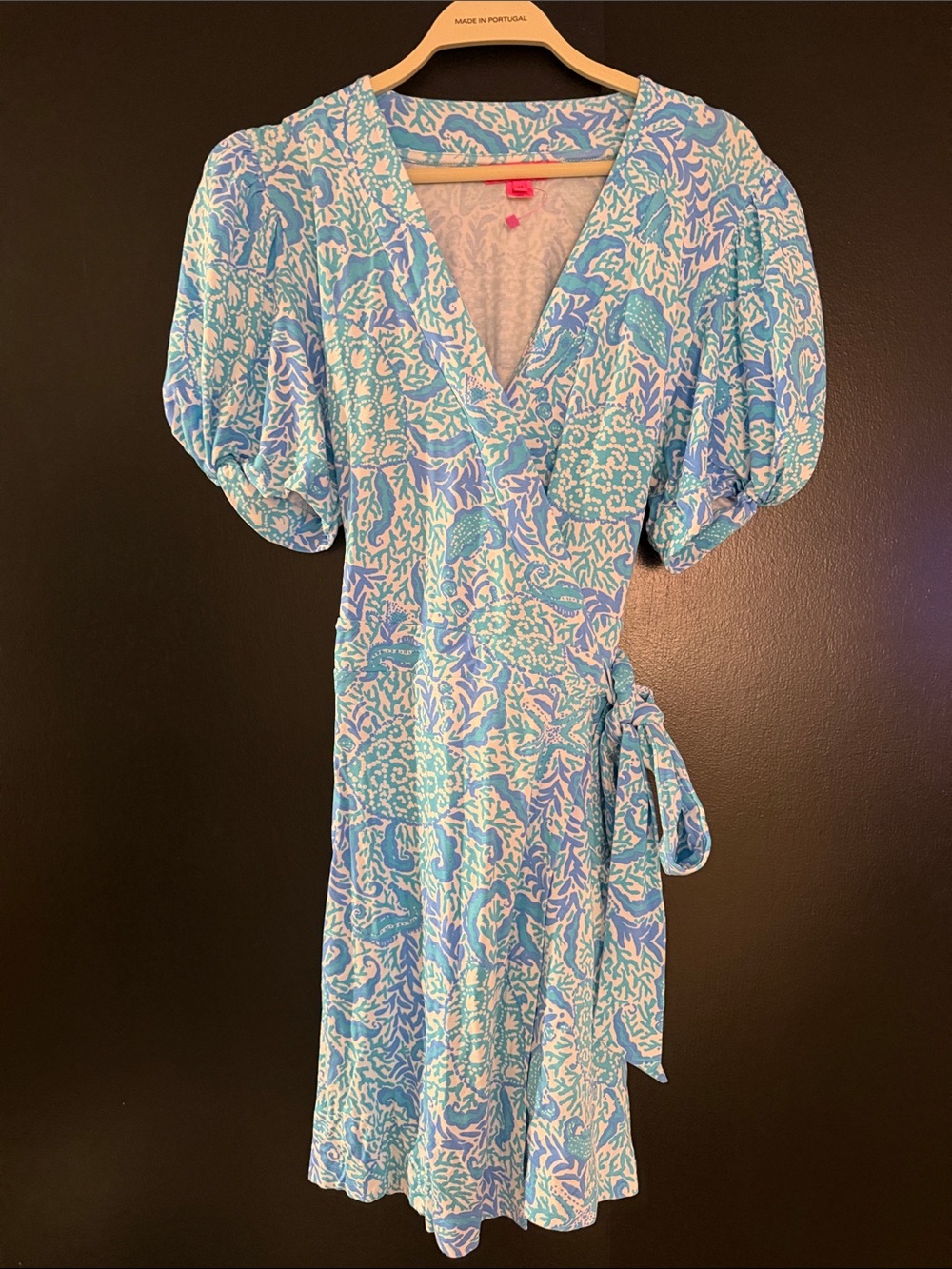 Lilly Pulitzer Aqua and Light Blue Floral Wrap Dress with Tie Waist